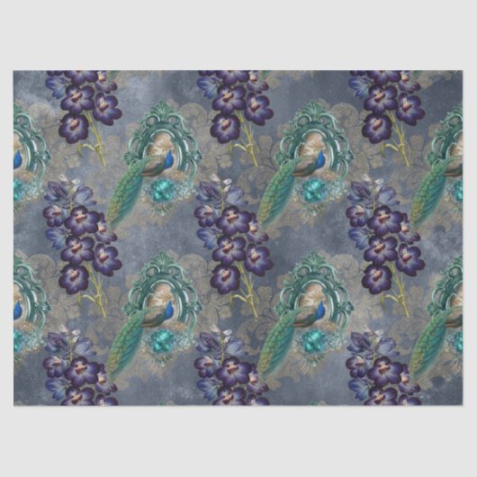 額縁のピーコックと紫の花の切り離し 薄葉紙 (正面)