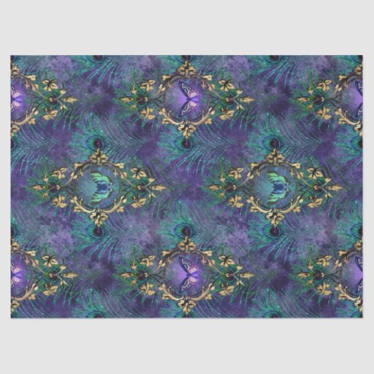 額縁の蝶と孔雀の羽のデコパージュ 薄葉紙 (正面)