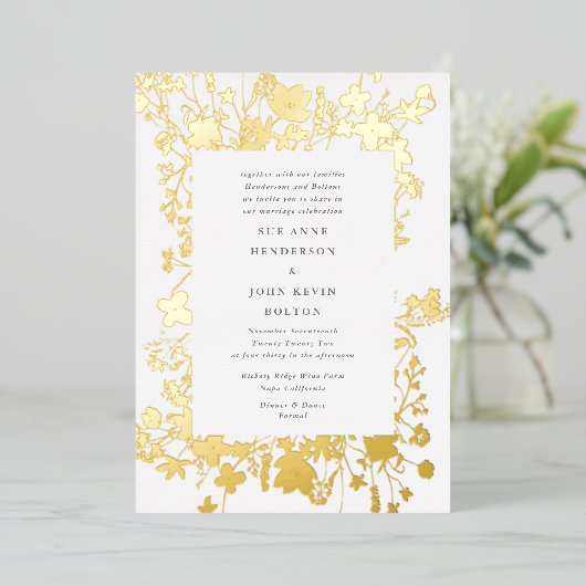 額縁の豊富な乾燥された野花のパンパ実在ス金ゴールド 箔招待状 (立ち正面)