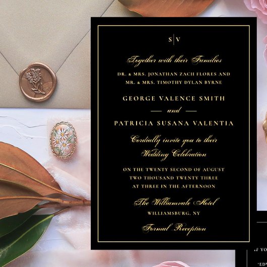 額縁エレガントモノグラムTuxedoブラック結婚ズ 箔招待状