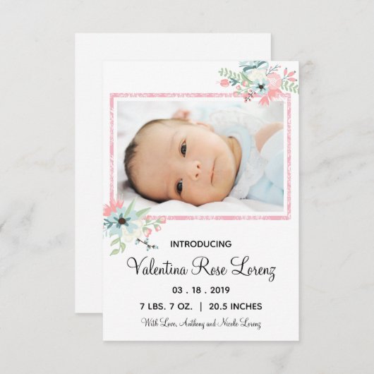 額縁フローラ写真- 3x5出生の発表 招待状 (正面/裏面)
