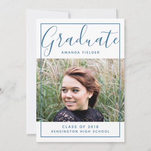 額縁モダン付き卒業写真 |青 招待状 (正面)