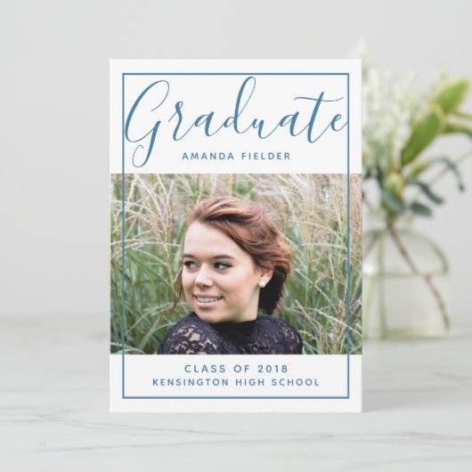 額縁モダン付き卒業写真 |青 招待状 (スタンド正面)