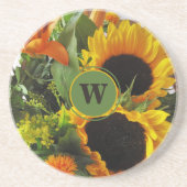 額縁付きイニシャル サンストーン付き美しいひまわり コースター (正面)