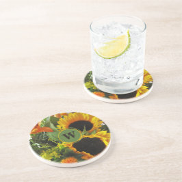 額縁付きイニシャル 美しいひまわり 砂岩 コースター
