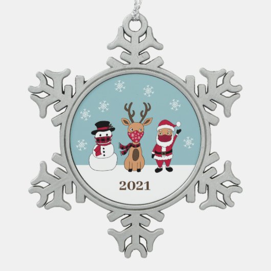 顔おもしろいマスクサンタトナカイ雪だるま スノーフレークピューターオーナメント (正面)