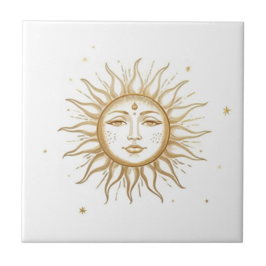 顔のある天体太陽 ゴールドとホワイト タイル (正面)