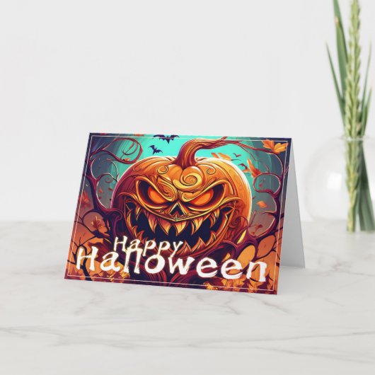 顔のある怖いオレンジのカボチャ、ハロウィン カード (正面)