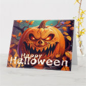 顔のある怖いオレンジのカボチャ、ハロウィン カード (黄色い花)