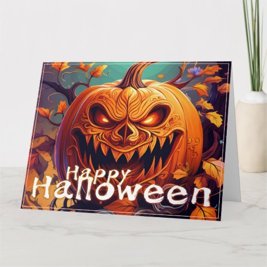 顔のある怖いオレンジのカボチャ、ハロウィン カード (正面)