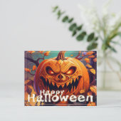 顔のある怖いオレンジのカボチャ、ハロウィン シーズンポストカード (スタンド正面)