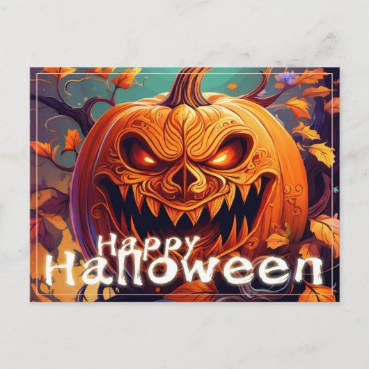 顔のある怖いオレンジのカボチャ、ハロウィン シーズンポストカード (正面)