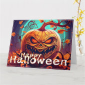 顔のある怖いオレンジ色のかぼちゃ、ハロウィン カード (黄色い花)