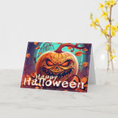 顔のある怖いオレンジ色のかぼちゃ、ハロウィン カード (黄色い花)
