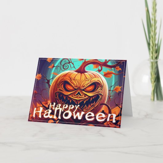 顔のある怖いオレンジ色のかぼちゃ、ハロウィン カード (正面)