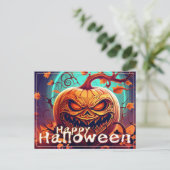 顔のある怖いオレンジ色のかぼちゃ、ハロウィン シーズンポストカード (スタンド正面)