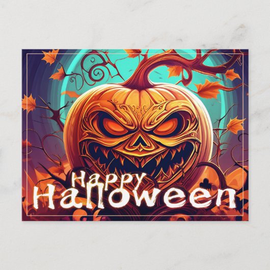 顔のある怖いオレンジ色のかぼちゃ、ハロウィン シーズンポストカード (正面)
