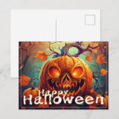 顔のある怖いオレンジ色のかぼちゃ、ハロウィン シーズンポストカード (正面/裏面)