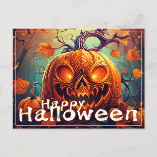 顔のある怖いオレンジ色のかぼちゃ、ハロウィン シーズンポストカード (正面)