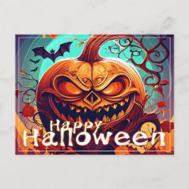 顔のついた怖いオレンジのカボチャ、ハロウィン シーズンポストカード