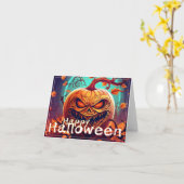 顔のついた怖いオレンジ色のかぼちゃ、ハロウィン カード (黄色い花)
