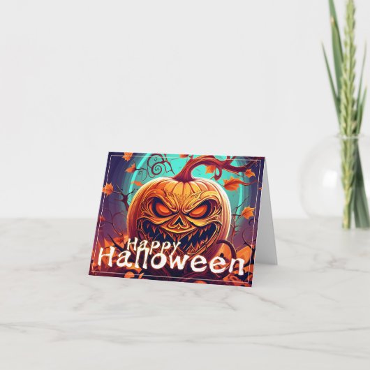 顔のついた怖いオレンジ色のかぼちゃ、ハロウィン カード (正面)