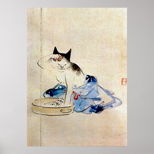 顔を洗う猫, 広重 Cat Face Wash, Hiroshige ポスター (正面)