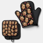 顔カスタムフォトとハートカップル黒 鍋つかみ&鍋敷きセット (正面/裏面)