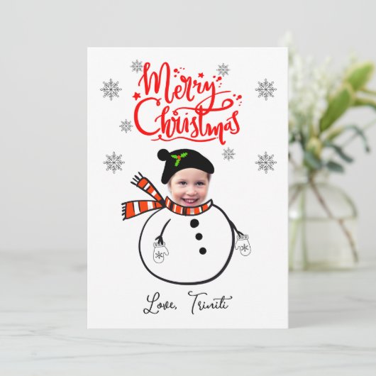 顔カスタム写真かわいい雪だるまメリークリスマス 招待状 (スタンド正面)