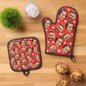 顔カスタム写真とハートカップル赤 鍋つかみ&鍋敷きセット (トップダウン)