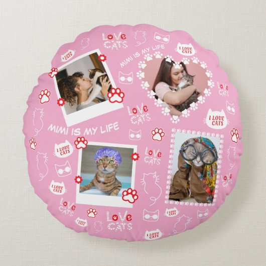 顔カスタム写真と猫の名前が登場する猫まくら ラウンドクッション (正面)