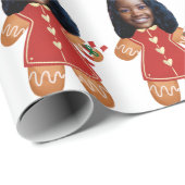 顔カスタム写真ジンジャーブレッド女性クリスマスピンク ラッピングペーパー (ロールコーナー)