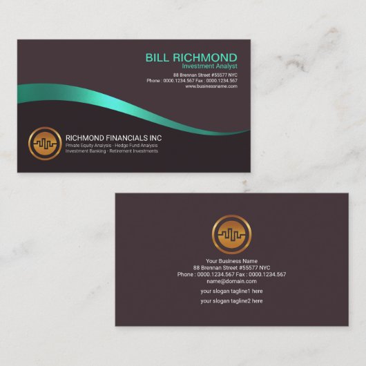 顕著で明るい金ゴールドの青緑色の波の投資分析者 名刺 (正面/裏面)