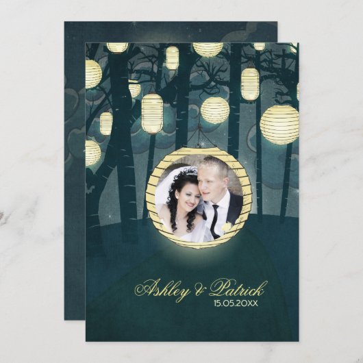 願いのランタンの夢の森林はあなたの写真の結婚式を加えます 招待状 (正面/裏面)