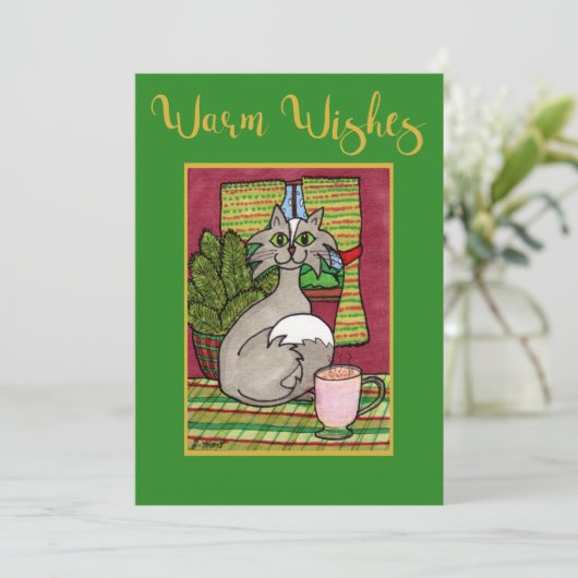 願い猫及びエッグノッグのパーソナライズなクリスマスを暖めて下さい シーズンカード (スタンド正面)