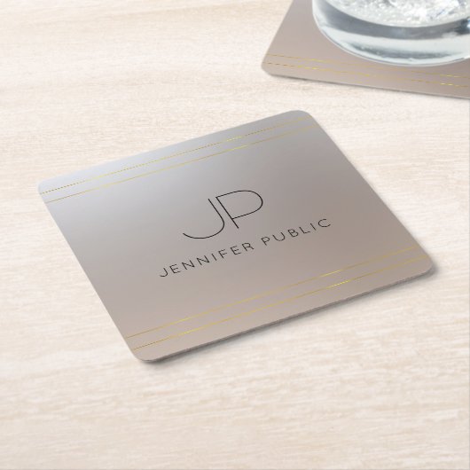 顧客テンプレート金ゴールドシルバーモノグラムのイニシャル スクエアペーパーコースター (アングル)