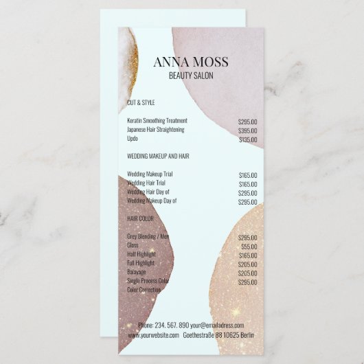 顧客固有のRosegoldグリッター価格表 (正面/裏面)