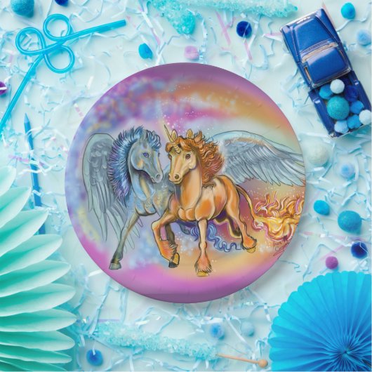 風と炎ロマンチックペガサスと一角獣  ペーパープレート (パーティー)