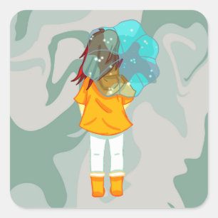 風に傘を持つ女の子の雨の緑の旋回 スクエアシール