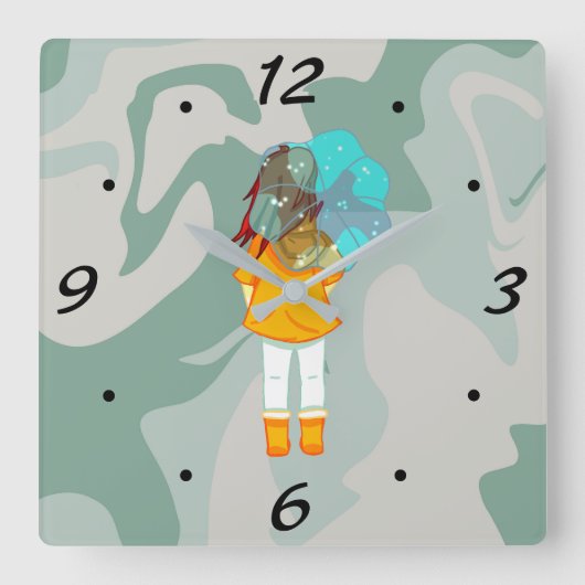 風に傘を持つ女の子の雨の緑の旋回 スクエア壁時計 (正面)