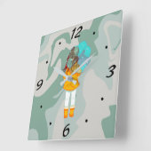 風に傘を持つ女の子の雨の緑の旋回 スクエア壁時計 (傾斜)