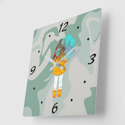 風に傘を持つ女の子の雨の緑の旋回 スクエア壁時計 (傾斜)