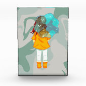 風に傘を持つ女の子の雨の緑の旋回 フォトブロック (正面)