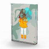 風に傘を持つ女の子の雨の緑の旋回 フォトブロック (右)