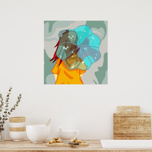 風に傘を持つ女の子の雨の緑の旋回 ポスター (キッチン)