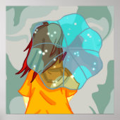 風に傘を持つ女の子の雨の緑の旋回 ポスター (正面)