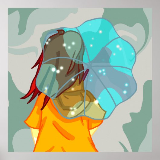 風に傘を持つ女の子の雨の緑の旋回 ポスター (正面)