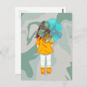 風に傘を持つ女の子の雨の緑の旋回 ポストカード (正面/裏面)