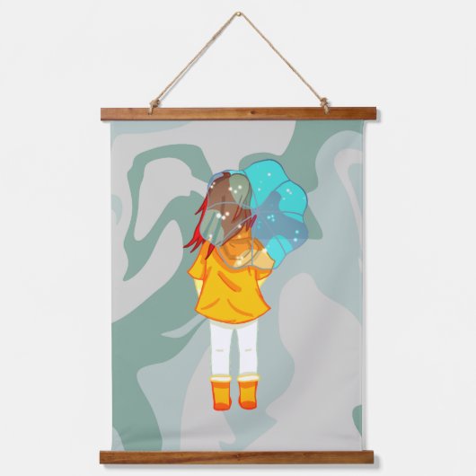 風に傘を持つ女の子スケッチグリーンスワール 吊り下げ型タペストリー (正面)