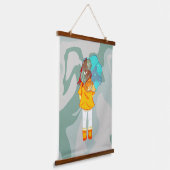 風に傘を持つ女の子スケッチグリーンスワール 吊り下げ型タペストリー (傾斜あり)